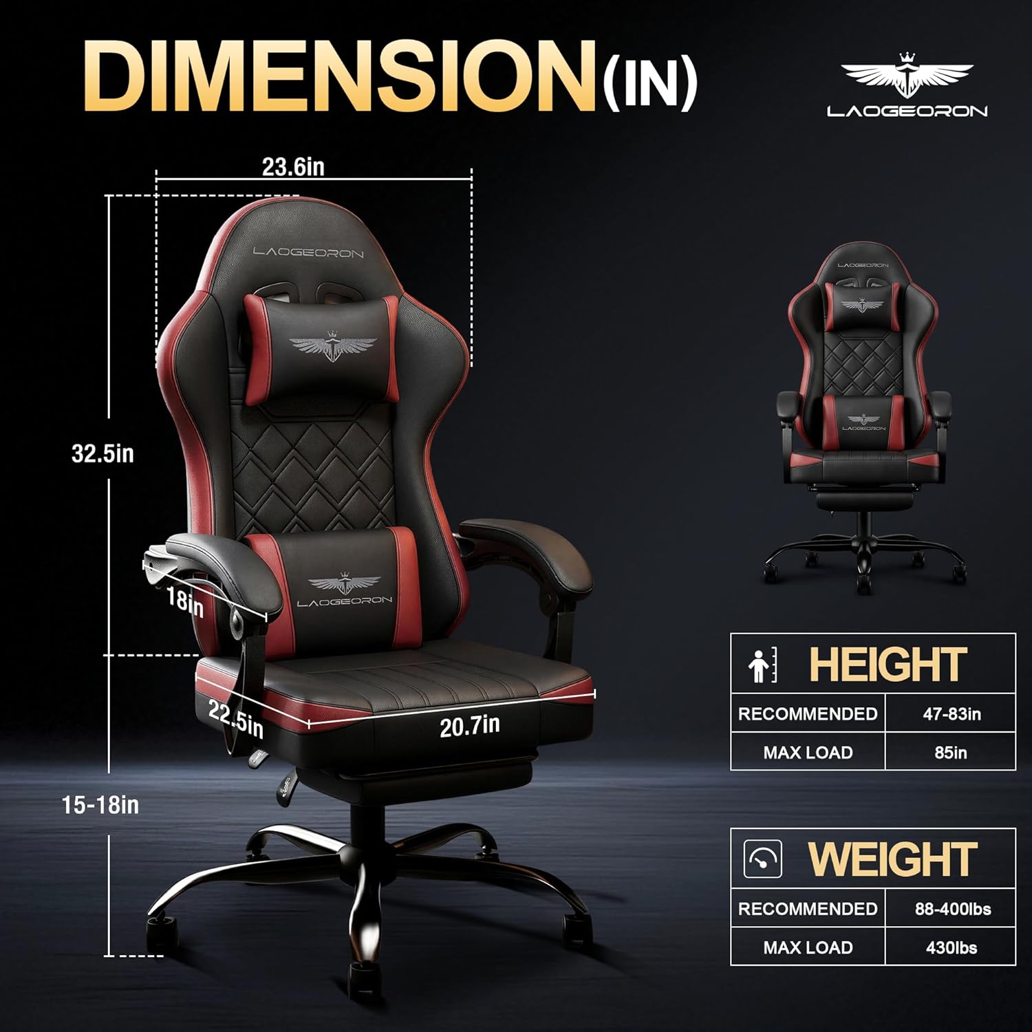 Ergonomic Gaming Chair with Retractable Footrest, High Back Video Game Chairs Computer Gaming Chairs with Headrest and Lumbar Support 400 lbs Linked Armrests Adult Chair (Black Red)