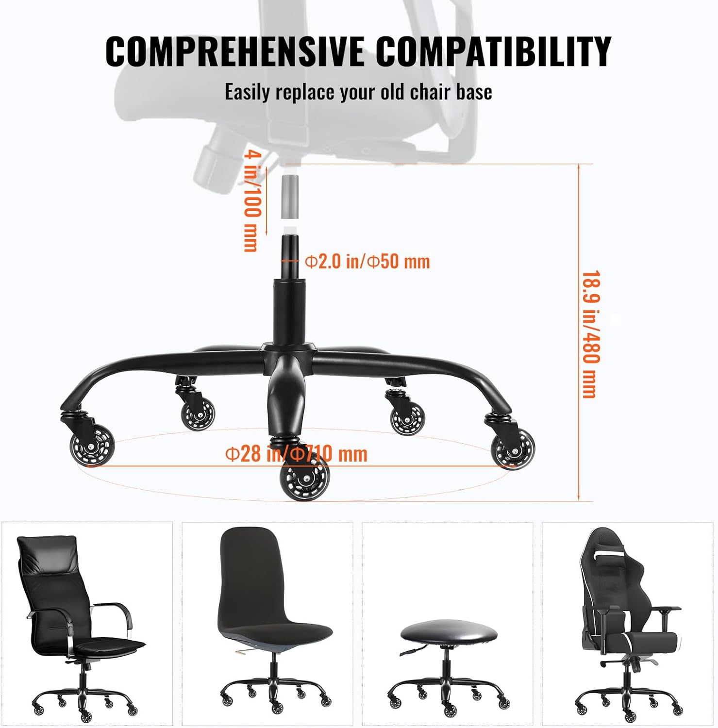 VEVOR Office Chair Base Replacement, 28", 2500 lbs Static Load Capacity, Heavy Duty Universal Computer Desk Chair Stool Base Part with 5 Casters and Gas Cylinder, Desk Chair Base Replacement, Black