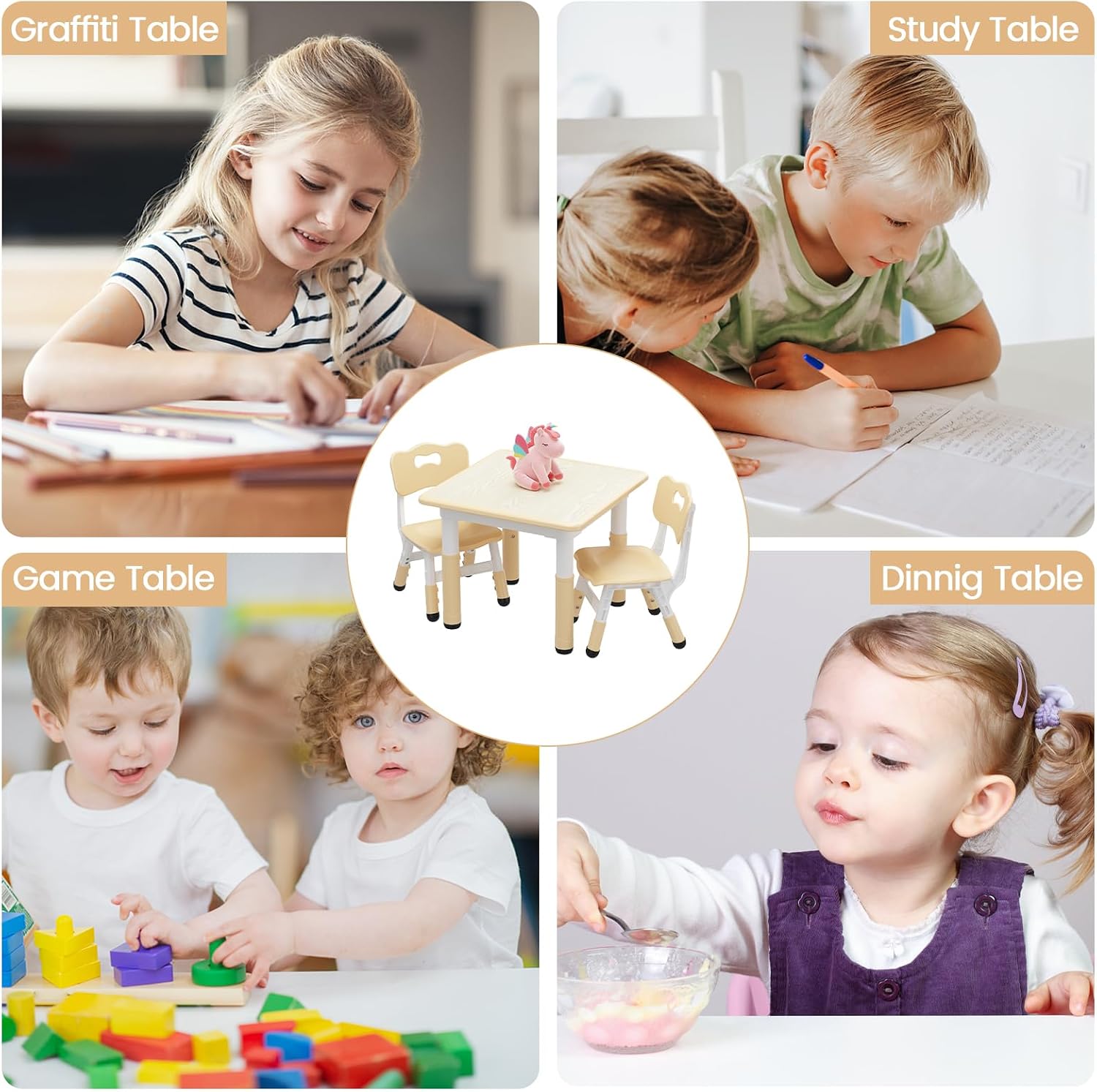 Jojoka Kids Table and 2 Chairs Set, Height Adjustable Toddler Table Chairs for Ages 2-10, Graffiti Desktop with Non-Slip Legs, Child Table Set for Home Daycare Classroom