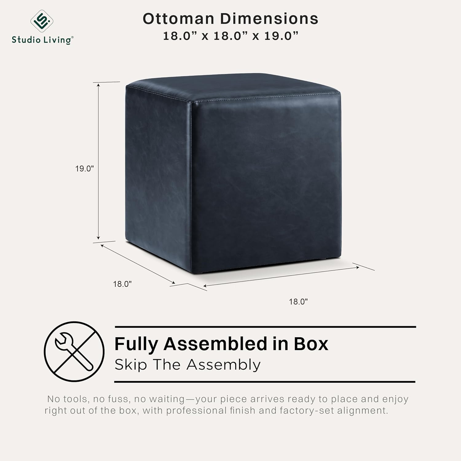Studio Living® 18” Warren Ottoman Square Faux Leather Bench, Stationary Ottomans, Backless Chair, Footrest for Living Room, Footstool Office, Bedroom, Padded Seat, Navy Blue