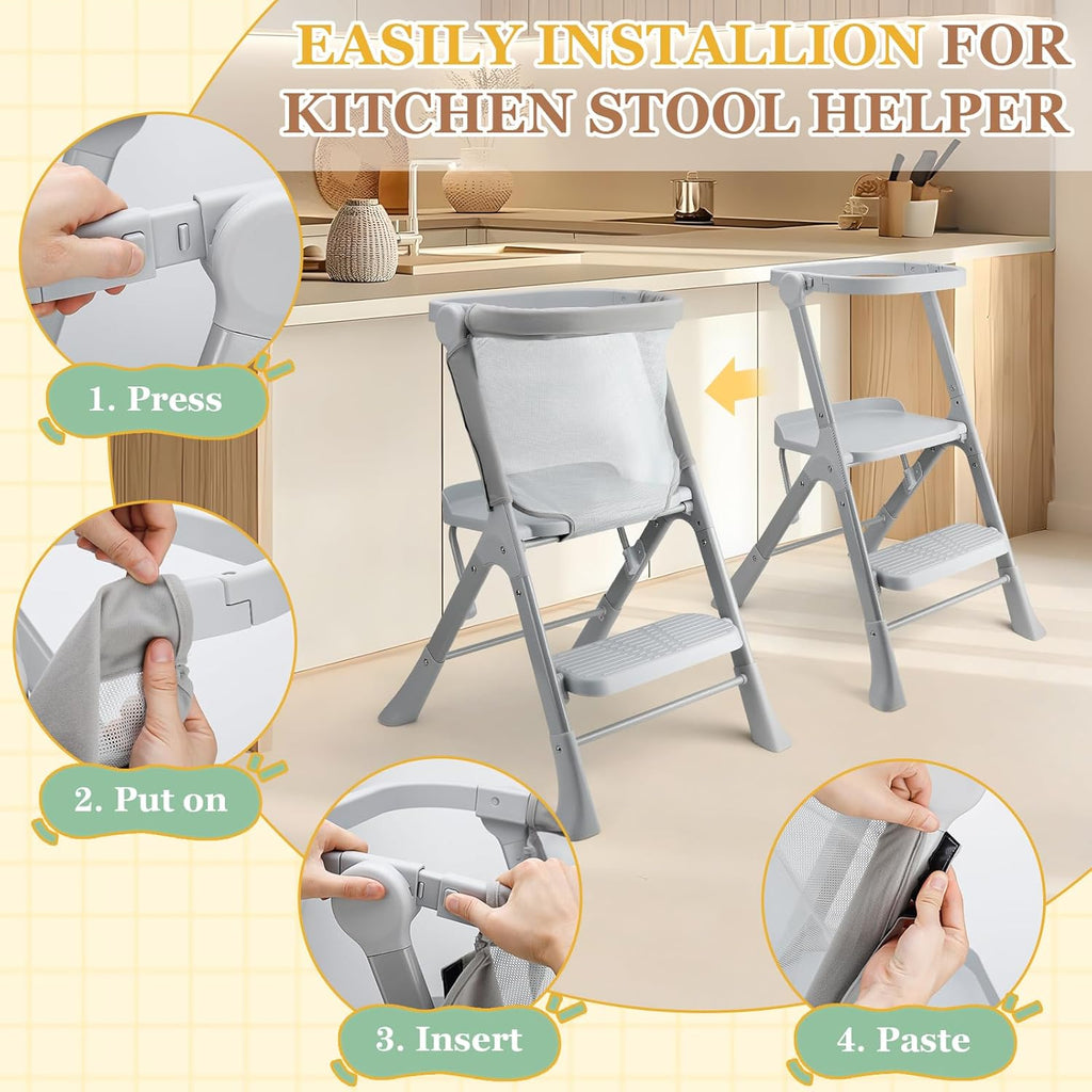 Toddler Tower with Safety Net, 2-Steps Step Stool Standing Tower with Anti-Drop Safty Railing for Kitchen Counter Bathroom Sink Learning, Kitchen Helper for Kids Ages 3 to 6 Years
