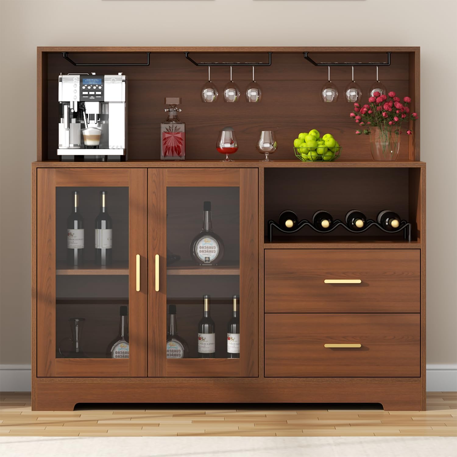 Auromie Wine Bar Cabinet with LED Light, Home Coffee Cabinet with Wine and Glass Rack, Kitchen Buffet Sideboard with Storage Cabinet&Drawers, Modern Liquor Cabinet for Living Room Dining Room (Brown)