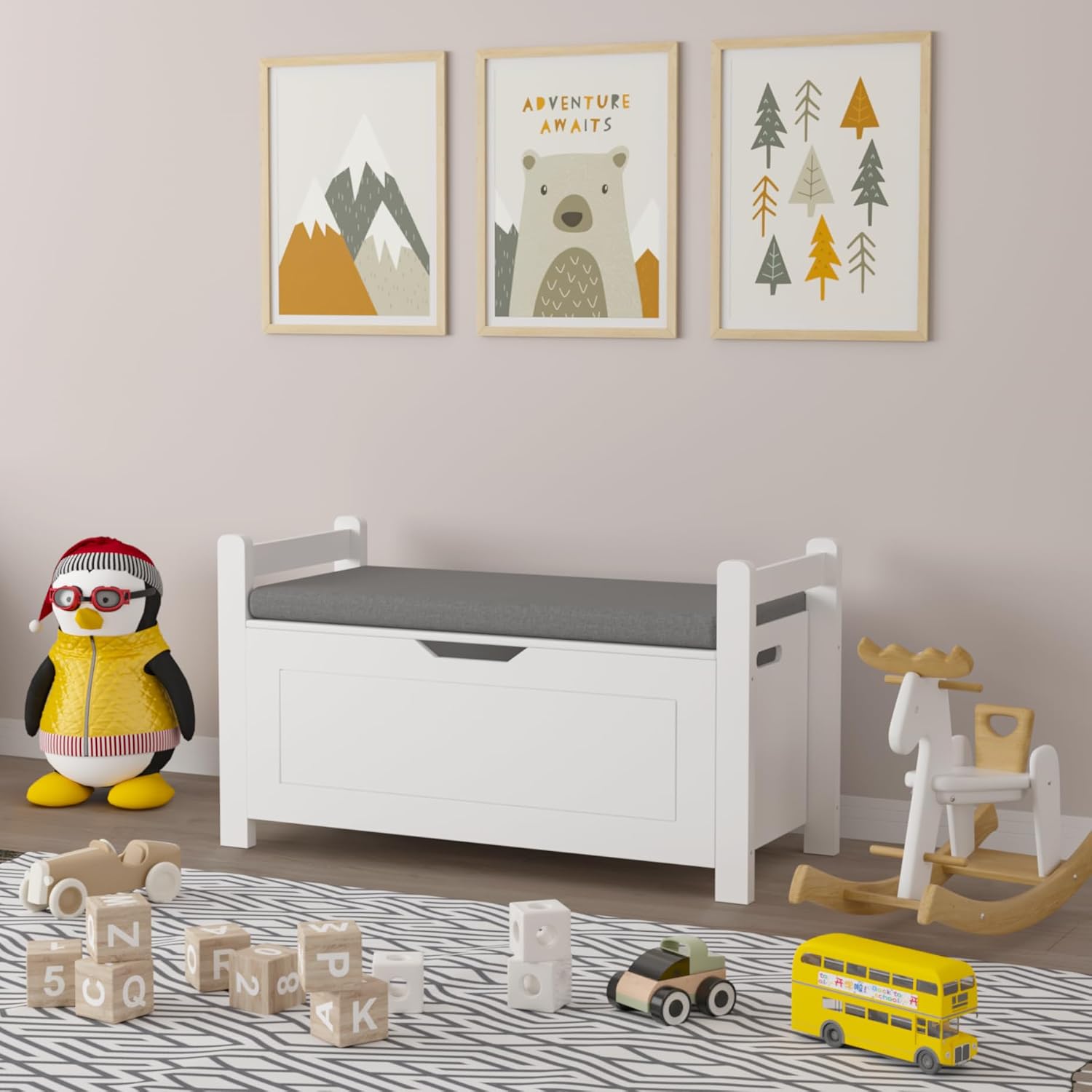 White Toy Storage Bench with Cushion Seat & Bookshelf, Multi-Functional Kids Toy Box Organizer, Flip-Top Lid & Safety Hinge, Large Storage Cabinet for Playroom, Nursery