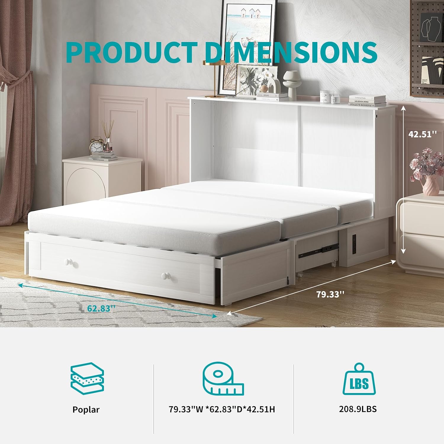 BALUS Murphy Cabinet Bed, Queen Chest Bed with USB Charging Station and Large Storage Drawers, Folding Cabinet Beds Space-Saving for Guest Room, Home, Office, White