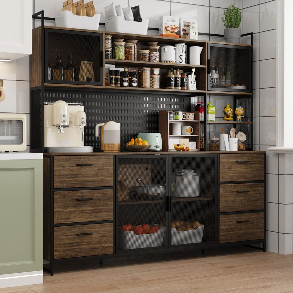 Wood Color 70.9" Kitchen Pantry Cabinet with Microwave Stand Hutch 70.9" w Blue Metal Natural Finish
