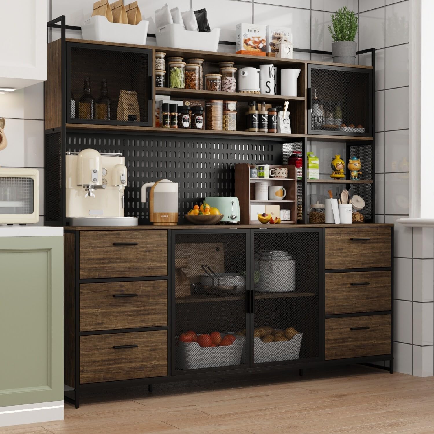 Wood Color 70.9" Kitchen Pantry Cabinet with Microwave Stand Hutch 70.9" w Blue Metal Natural Finish