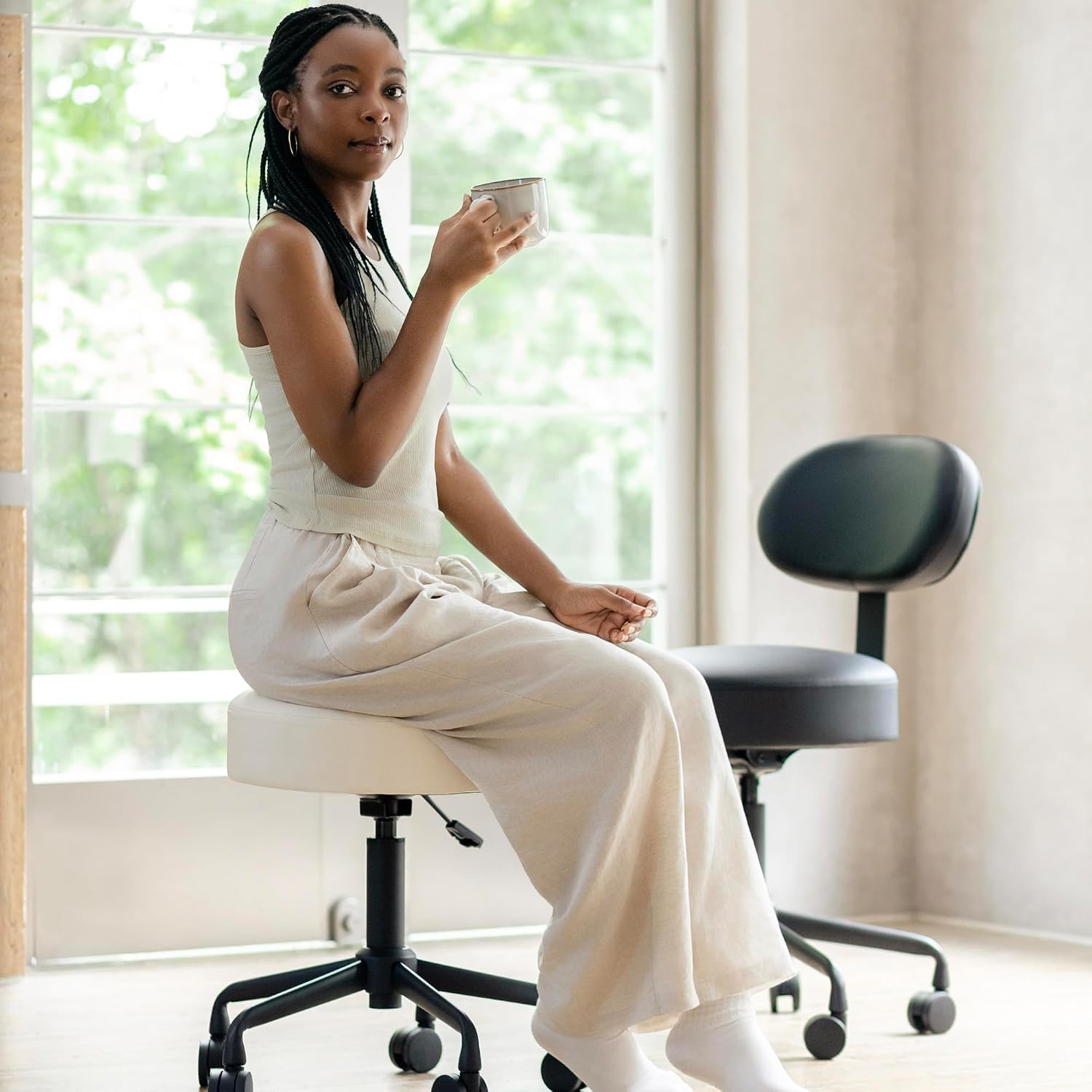 Heavy Duty Extra Wide Thick Cushion Seat Adjustable Height Swivel Rolling Stool for Clinic, Salon, Tattoo, Office, Bar and Home - NAIA 502 (Vanilla, Standard)