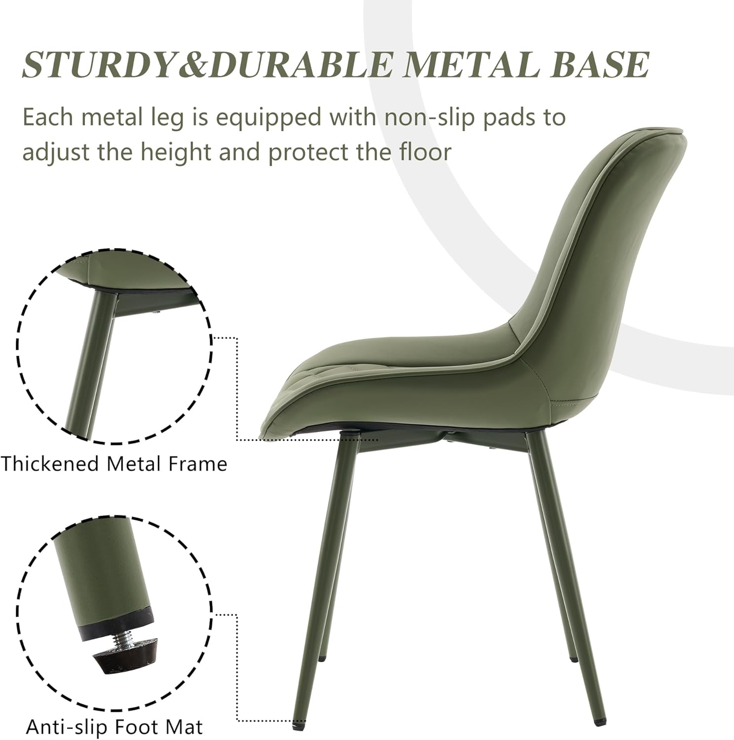 YOUNIKE Olive Green Faux Leather Dining Chairs Set of 2 Mid-Century Modern High Padded Back Comfy Upholstered Kitchen Chairs with Metal Legs Wide Seat Accent Side Chair for Dining/Living/Waiting Room