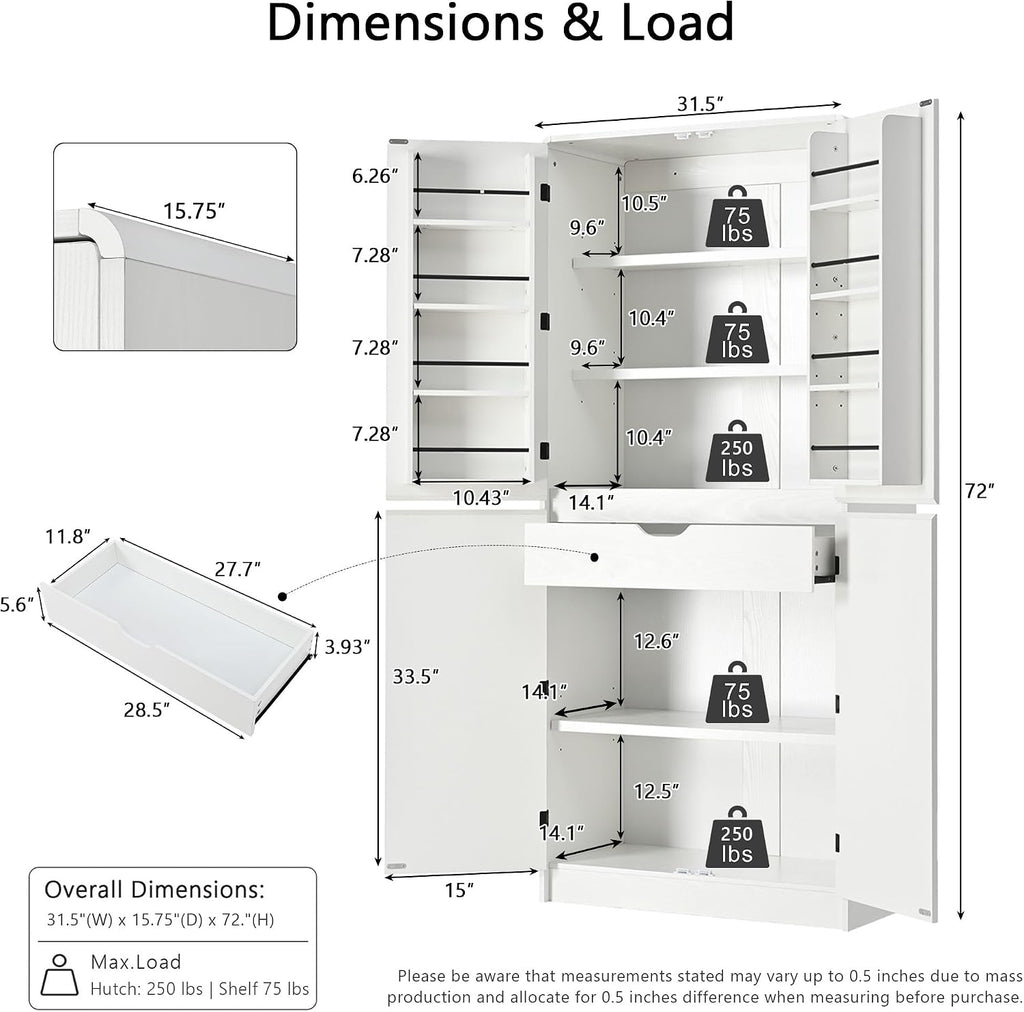 72 Inch Farmhouse Kitchen Pantry Cabinet with Unique Curved Design, 4-Door Storage with 8 Adjustable Door Shelves, 3 Adjustable Shelves & Hidden Drawer, Freestanding (Curved Design + White)