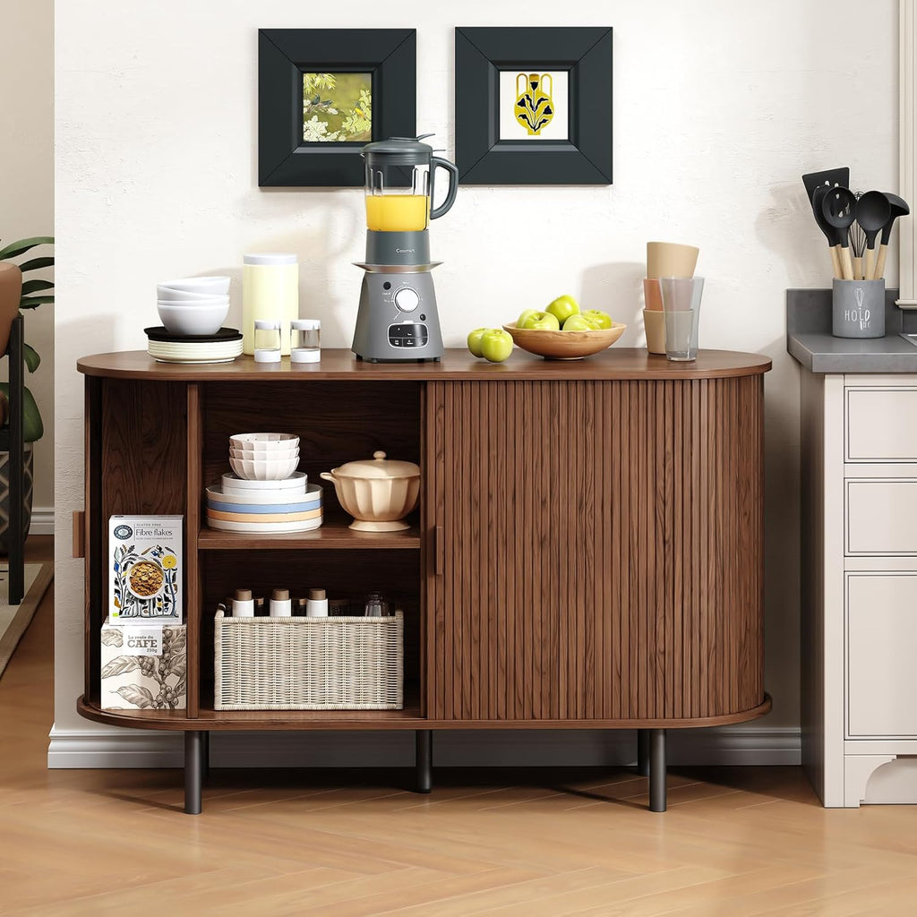 Buffet Cabinet with Storage, Fluted Sideboard Buffet with Sliding Door, Coffee Bar Cabinet with Adjustable Shelf, Console Table, Accent Table for Entryway, Kitchen (Walnut, 48 Inch)