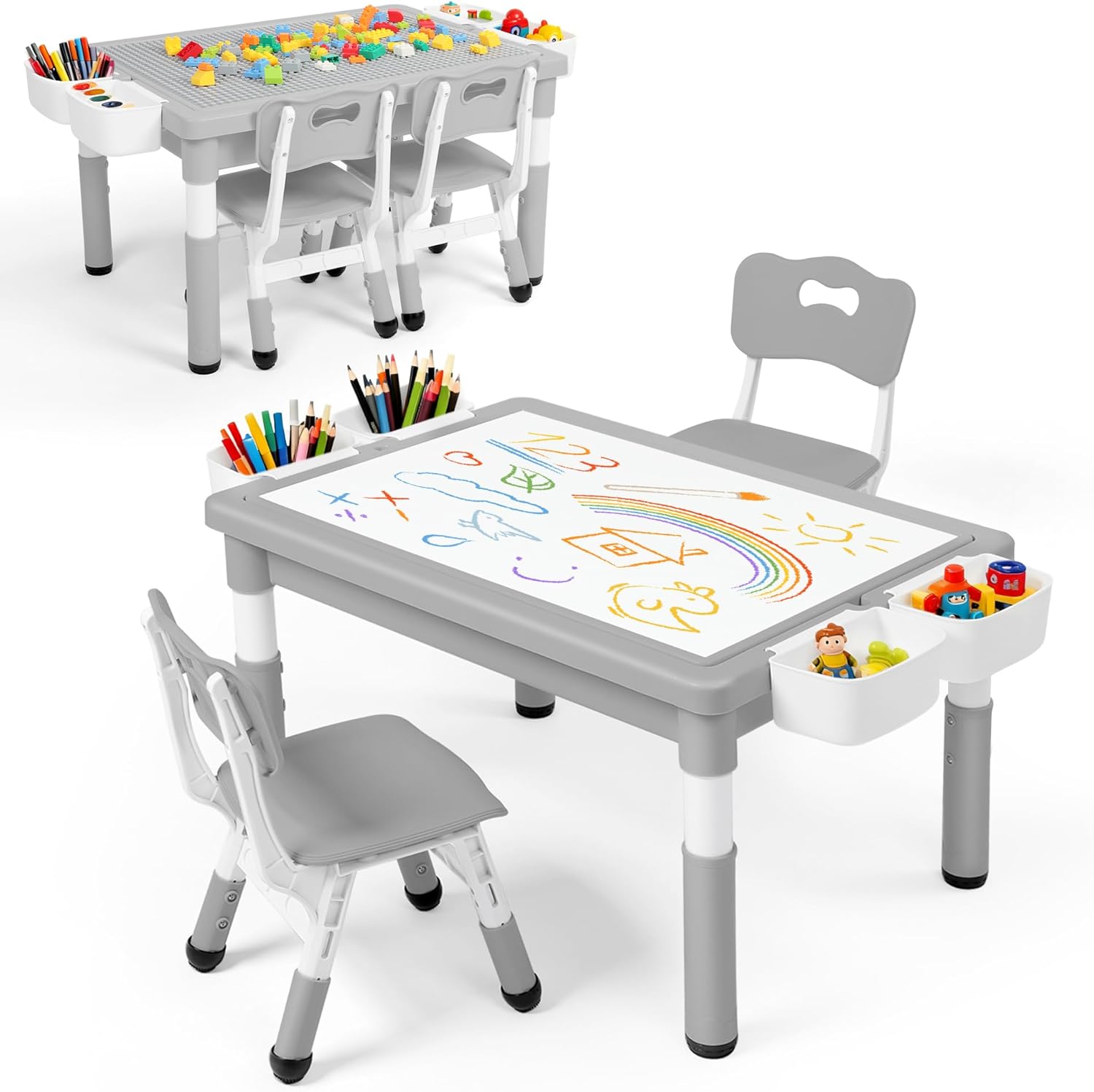 Kinder King Kids Table & 2 Chairs Set, Height Adjustable Children Activity Table w/Storage, Graffiti & Building Blocks Tabletop, Toddler Furniture Set for Classroom, Daycare, Home, Age 3+, Grey