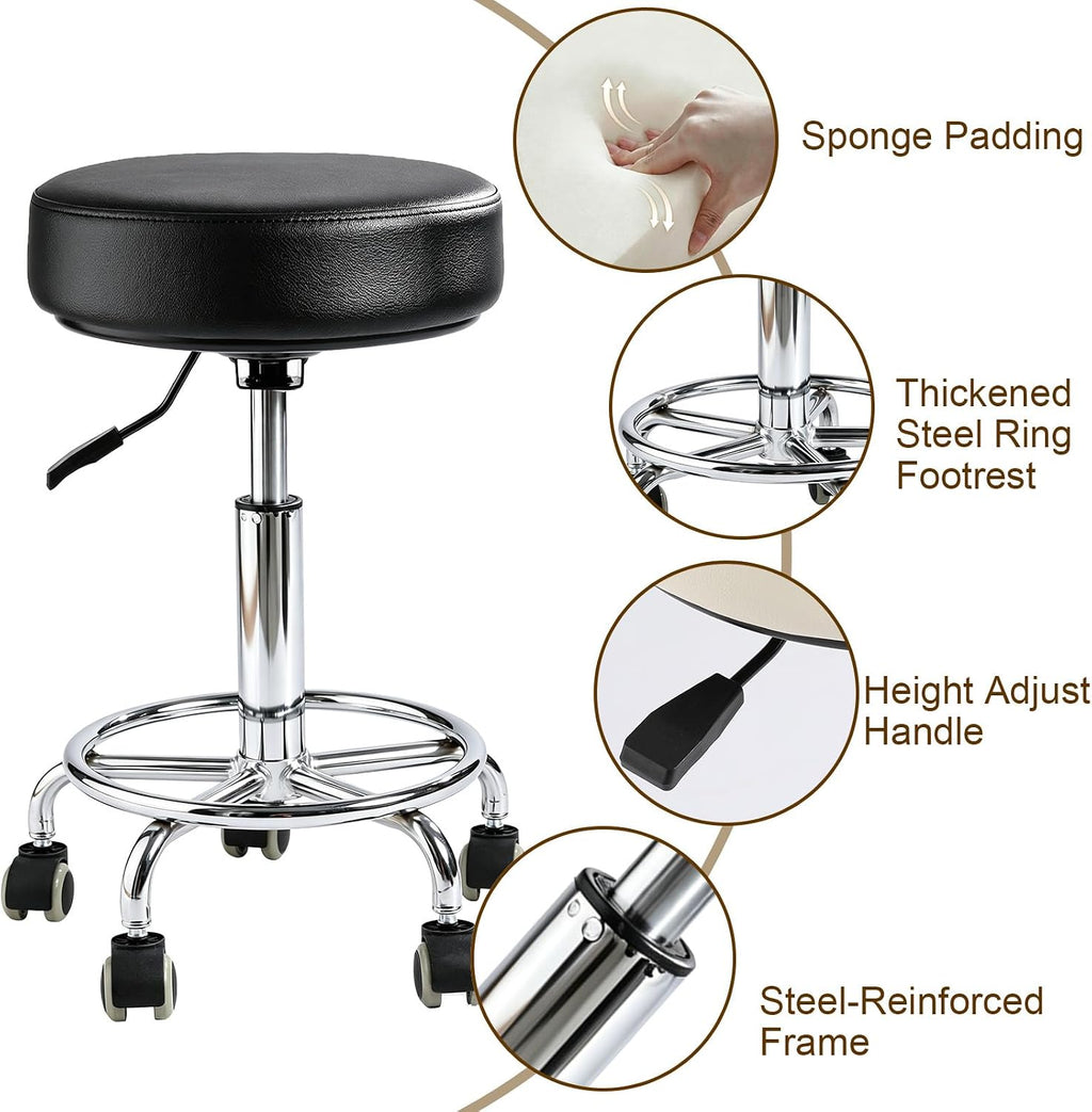 Rolling Stool with Wheels, Thick 7.5cm Cushion Professional Swivel Drafting Stool, Height Adjustable Heavy Duty 500 lb Stool with Silent Casters and Foot Ring for Salon Tattoo Clinic Home Office