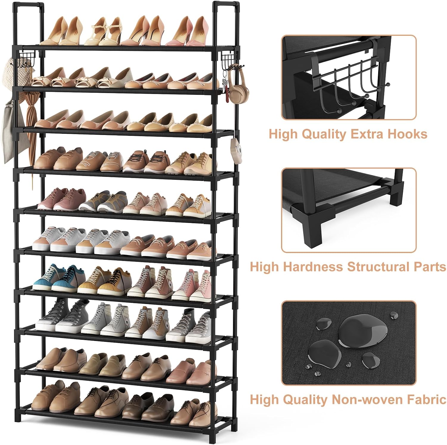 VTRIN 10 Tier Shoe Rack Tall Large Capacity Wide Shoe Organizer with Two Hooks Sturdy Metal Shoe Shelf for Entryway, Closet, Bedroom