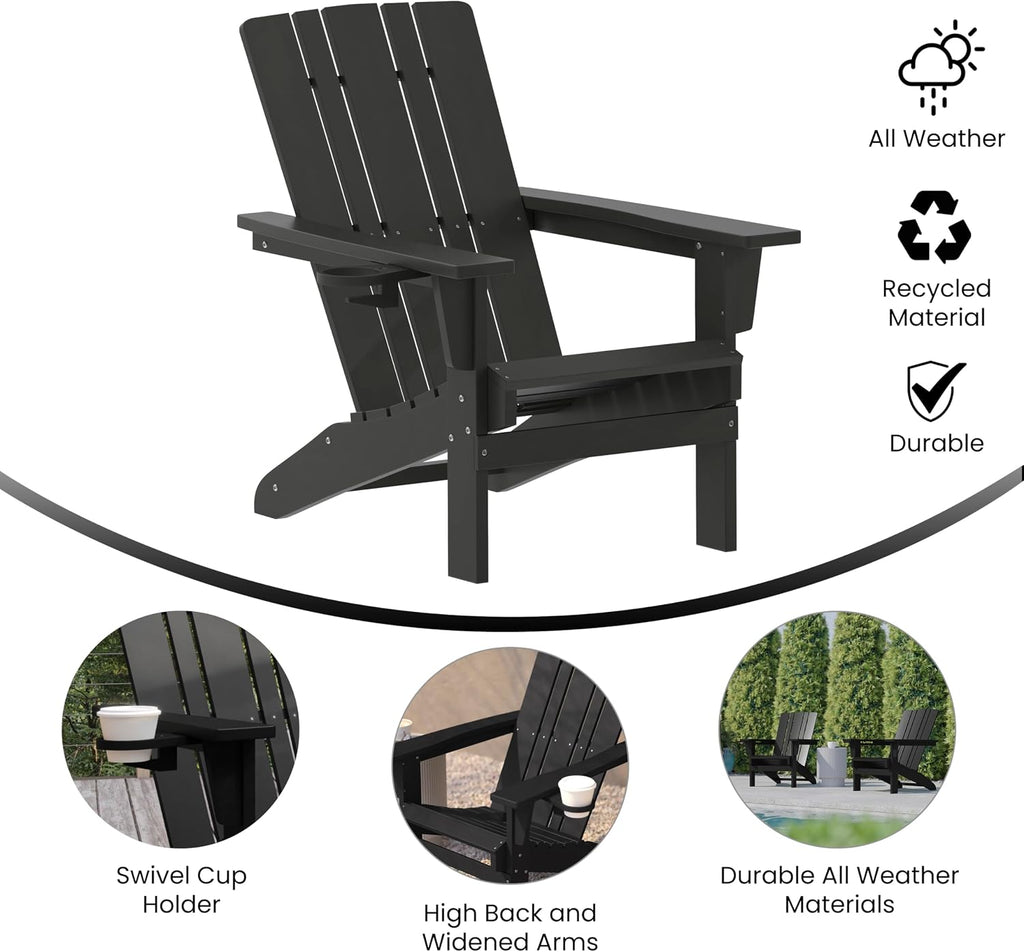 Flash Furniture Halifax Adirondack Chair with Cup Holder, Weather Resistant Poly Resin Adirondack Chair, Black