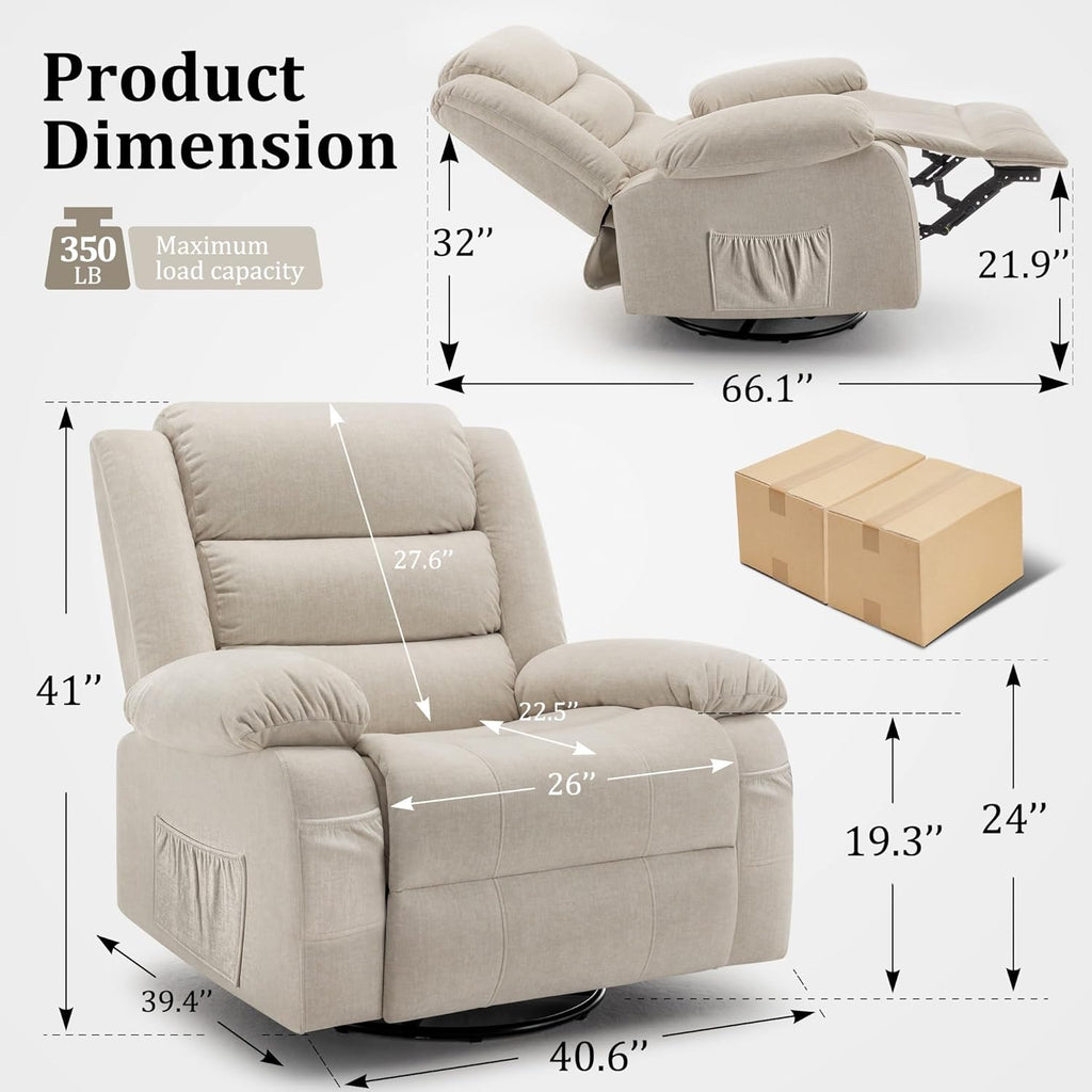 Korser Oversized Recliner Chair, Extra Wide Rocking Chair with Massage and Heat, 360° Swivel Rocker Recliner for Adults, Nursery Chair with Side Pocket, Cashmere Reclining Sofa for Living Room, Beige