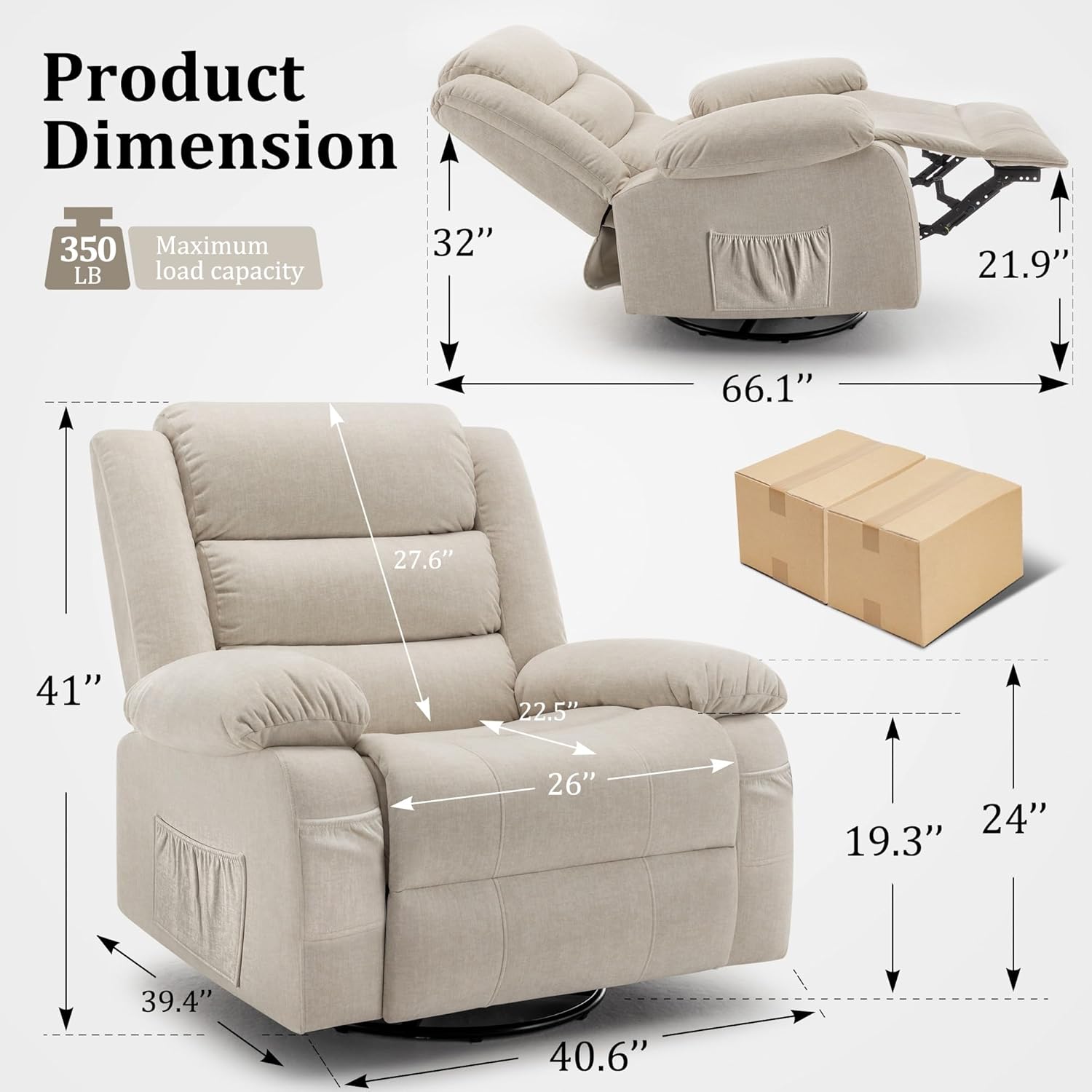 Korser Oversized Recliner Chair, Extra Wide Rocking Chair with Massage and Heat, 360° Swivel Rocker Recliner for Adults, Nursery Chair with Side Pocket, Cashmere Reclining Sofa for Living Room, Beige