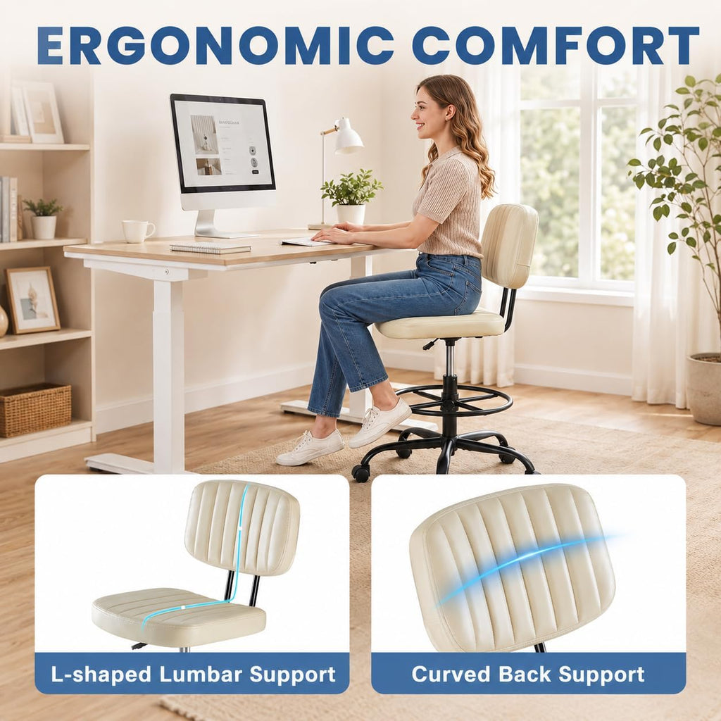 Simple Deluxe Armless Drafting Chair, Low Back PU Leather Office Seat with Footrest Ring, Swivel Rolling Stool for Standing Desk, Studio, Lab, Counter and Small Spaces, Beige