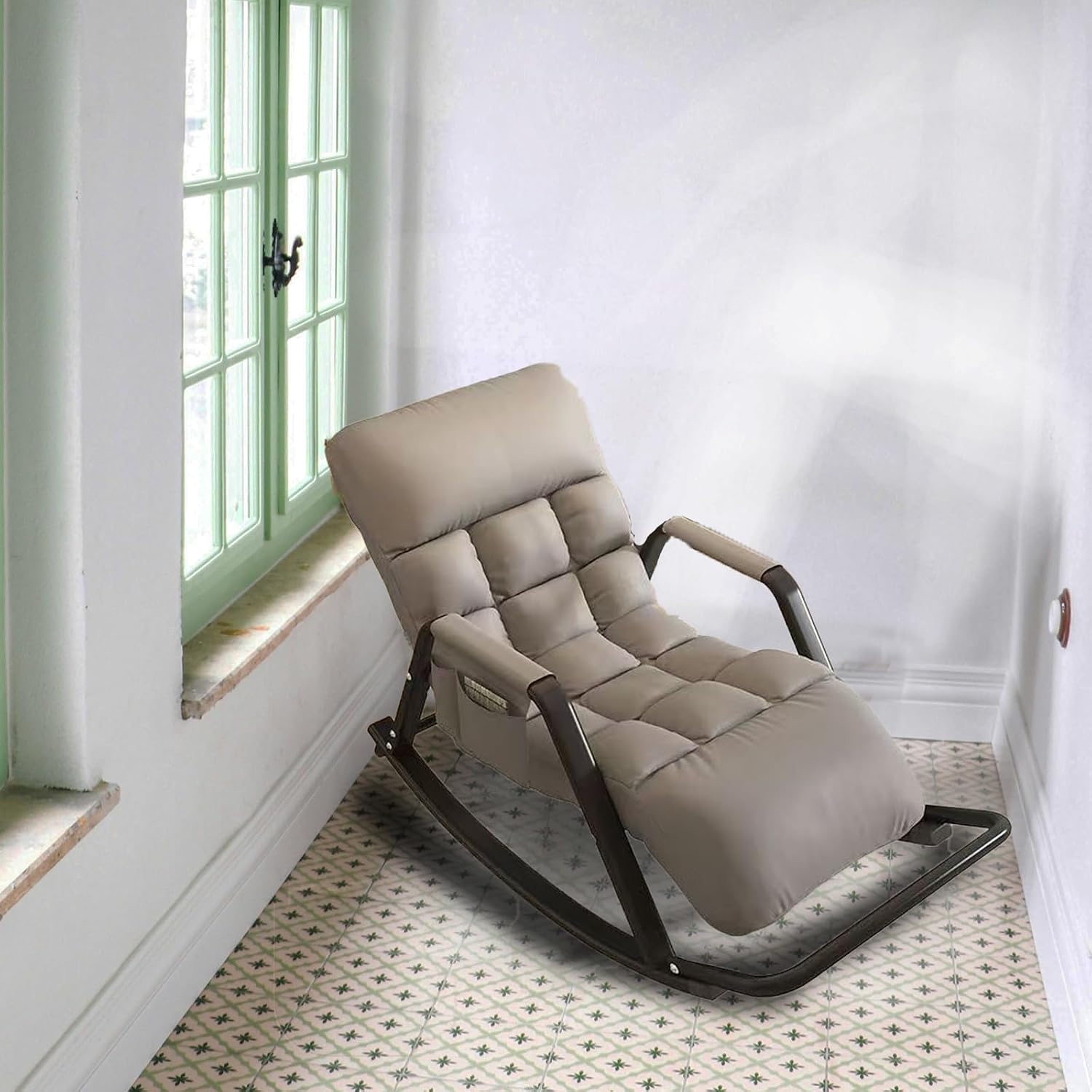 Rocking Chair with Cushion, Upholstered in Green with Rocker Base and Black Metal Frame, Modern Accent Chair for Living Room Nursery Bedroom D