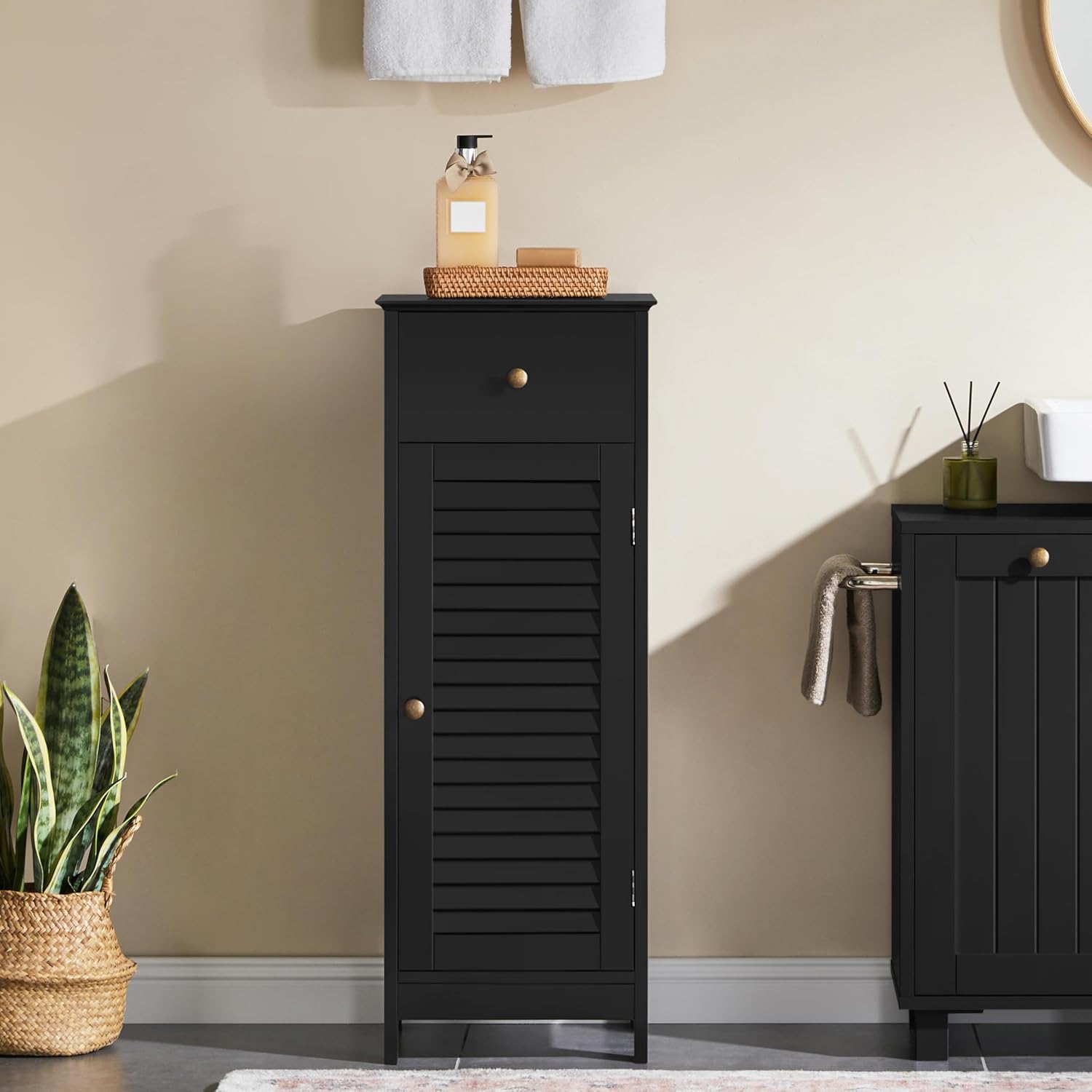 Yaheetech 34.5”H Bathroom Storage Cabinet, Narrow Floor Cabinet with 1 Drawer & 1 Door,Slim Storage Organization for Bathroom,Living Romm,Hallway,Corner,Small Space,Black