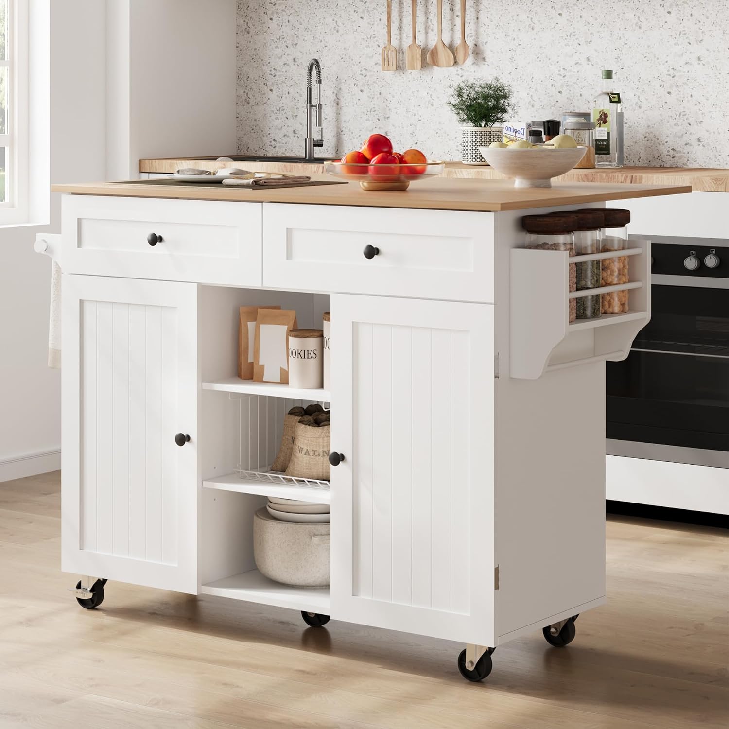 Furnify Kitchen Island with Wheels & Drawers, Kitchen Island Cart, White | Rolling Kitchen Island with Drop Leaf, Mobile Kitchen Storage Cabinet with Towel Rack & Spice Rack for Dining Room, Kitchen