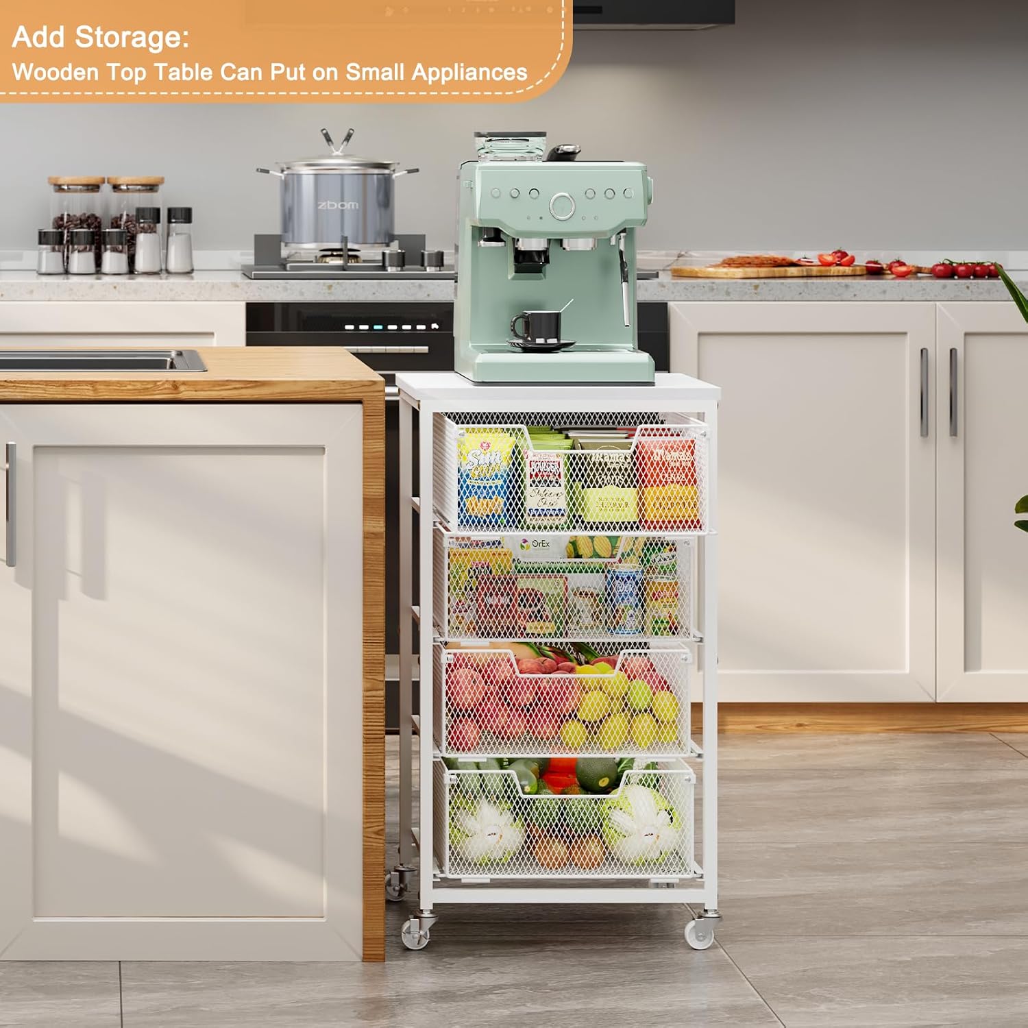 4-Tier Kitchen Storage Cart - Fruit Vegetable Storage Cart with Drawers, Wooden Top Metal Wire Kitchen Organizer and Storage Cart with Wheels to Storage Onions Potatoes Cans Snacks for Kitchen