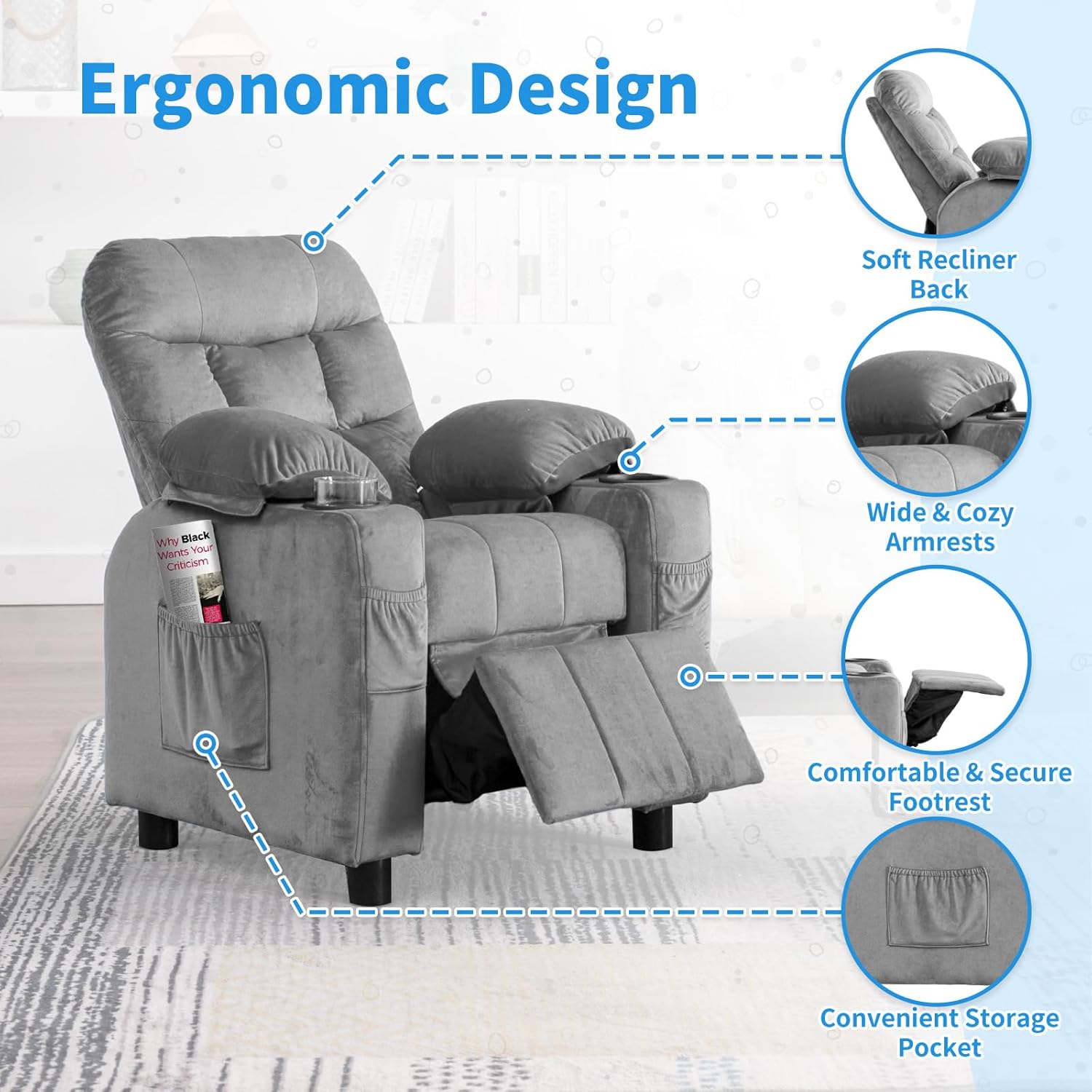 Kids Recliner, Toddlers Kids Recliner Chair with Cup Holder, Ergonomic Adjustable Velvet Lounge Chair with Footrest & Side Pockets, Toddlers Baby Sofa for Boys Girls Bedroom (Gray)