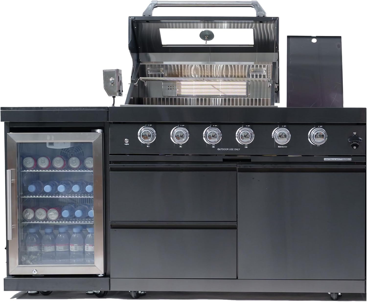 46-Inch Outdoor Kitchen Island Gas Grill with Refrigerator, 4-Burner Stainless Steel BBQ Grill Station with Side Burner, Rotisserie Kit & Granite Countertop