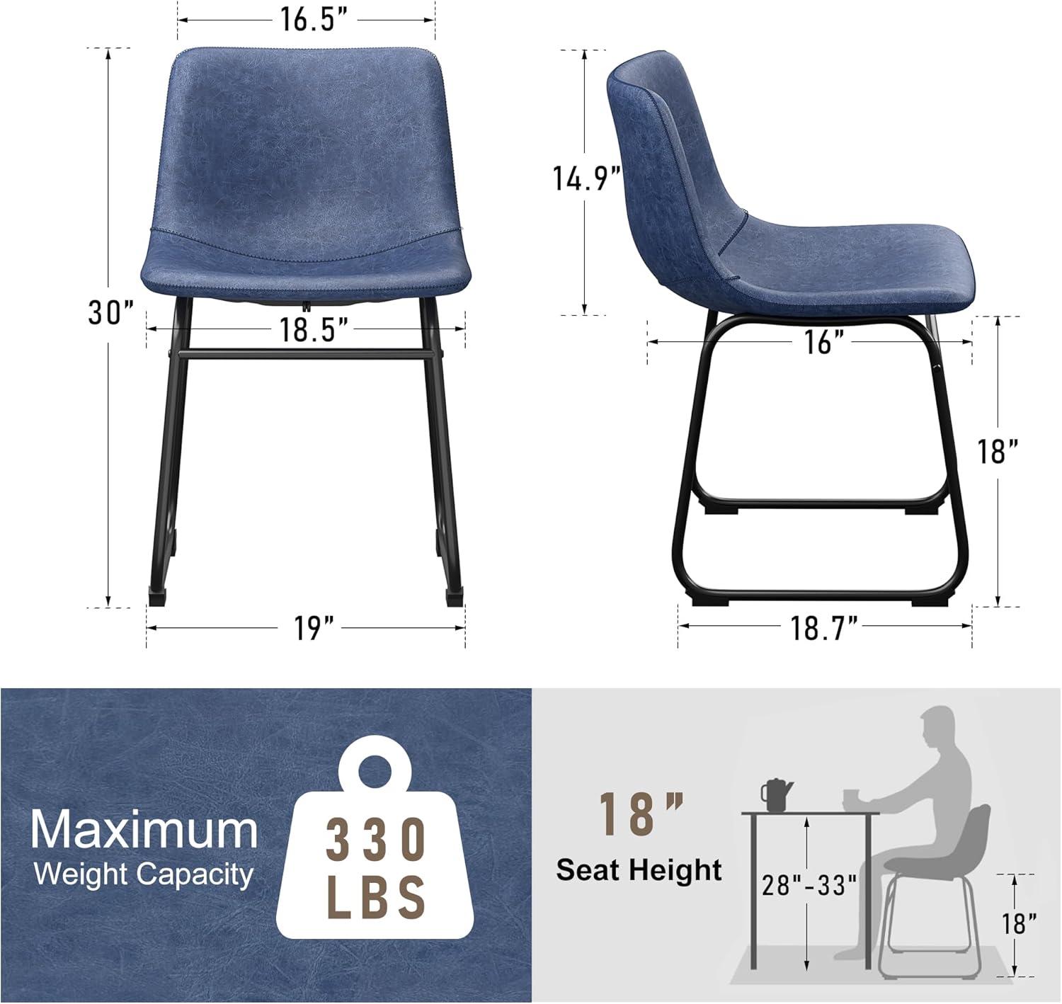 REONEY Dining Chairs Set of 2, PU Leather Armless Dinner Chairs with Backrest, 18" Modern Kitchen Dining Room Chair with Metal Legs for Home (Navy)