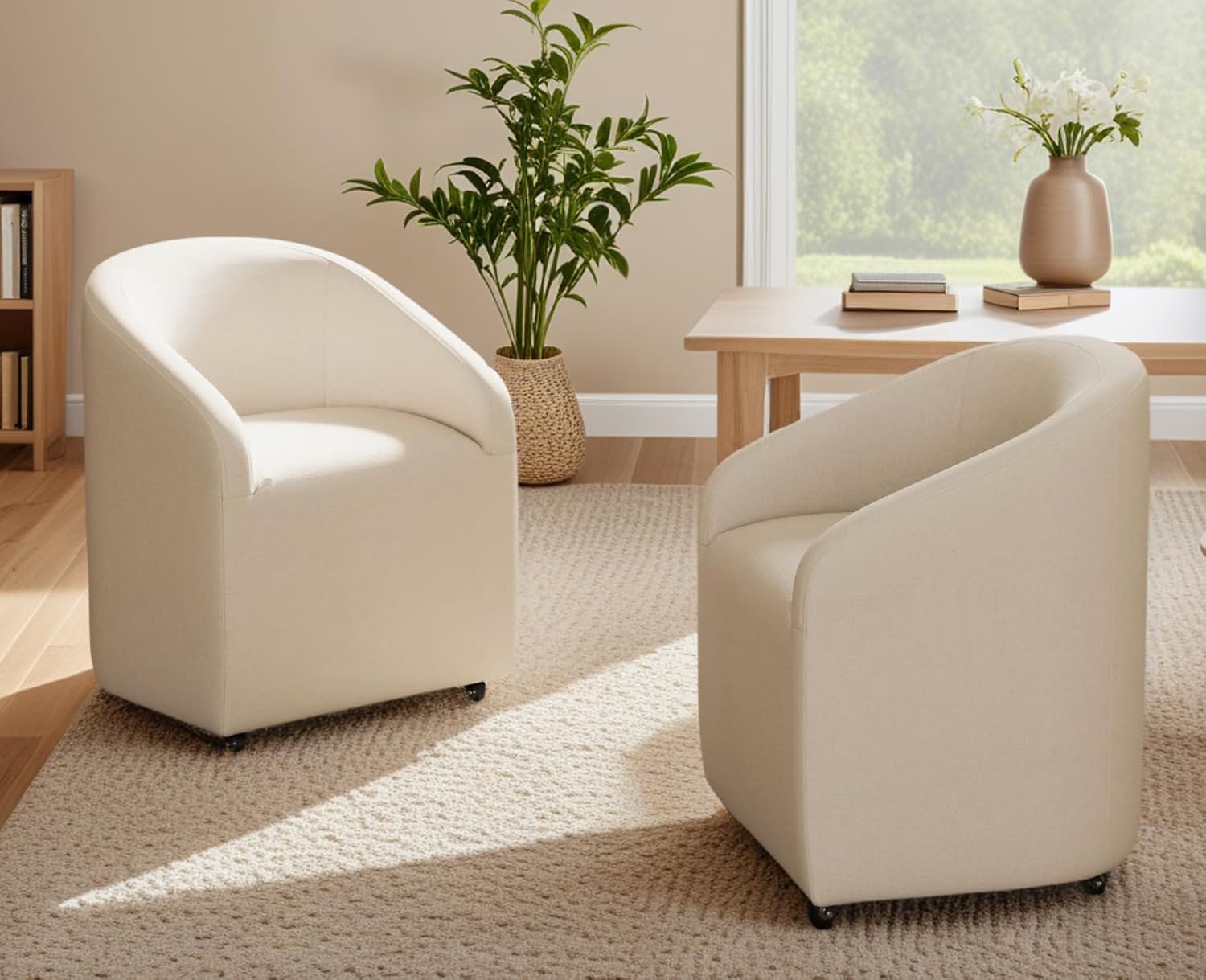 CIMOTA Linen Beige Barrel Dining Chairs with Wheels, Set of 2 — Modern Upholstered Swivel Dining Room Chairs on Casters for Kitchen or Living Room
