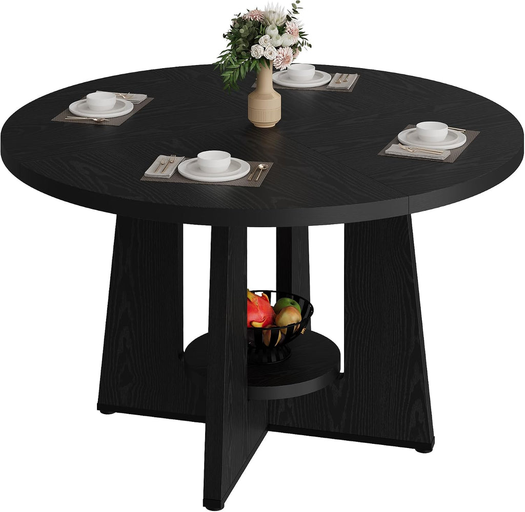 Black Round Dining Table for 4-6, 47 Inch Black Kitchen Table with Storage Shelf & Wood Pedestal Base, Modern Circle Dining Room Table for Small Apartment, Home Office, Living Room
