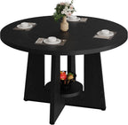 Black Round Dining Table for 4-6, 47 Inch Black Kitchen Table with Storage Shelf & Wood Pedestal Base, Modern Circle Dining Room Table for Small Apartment, Home Office, Living Room