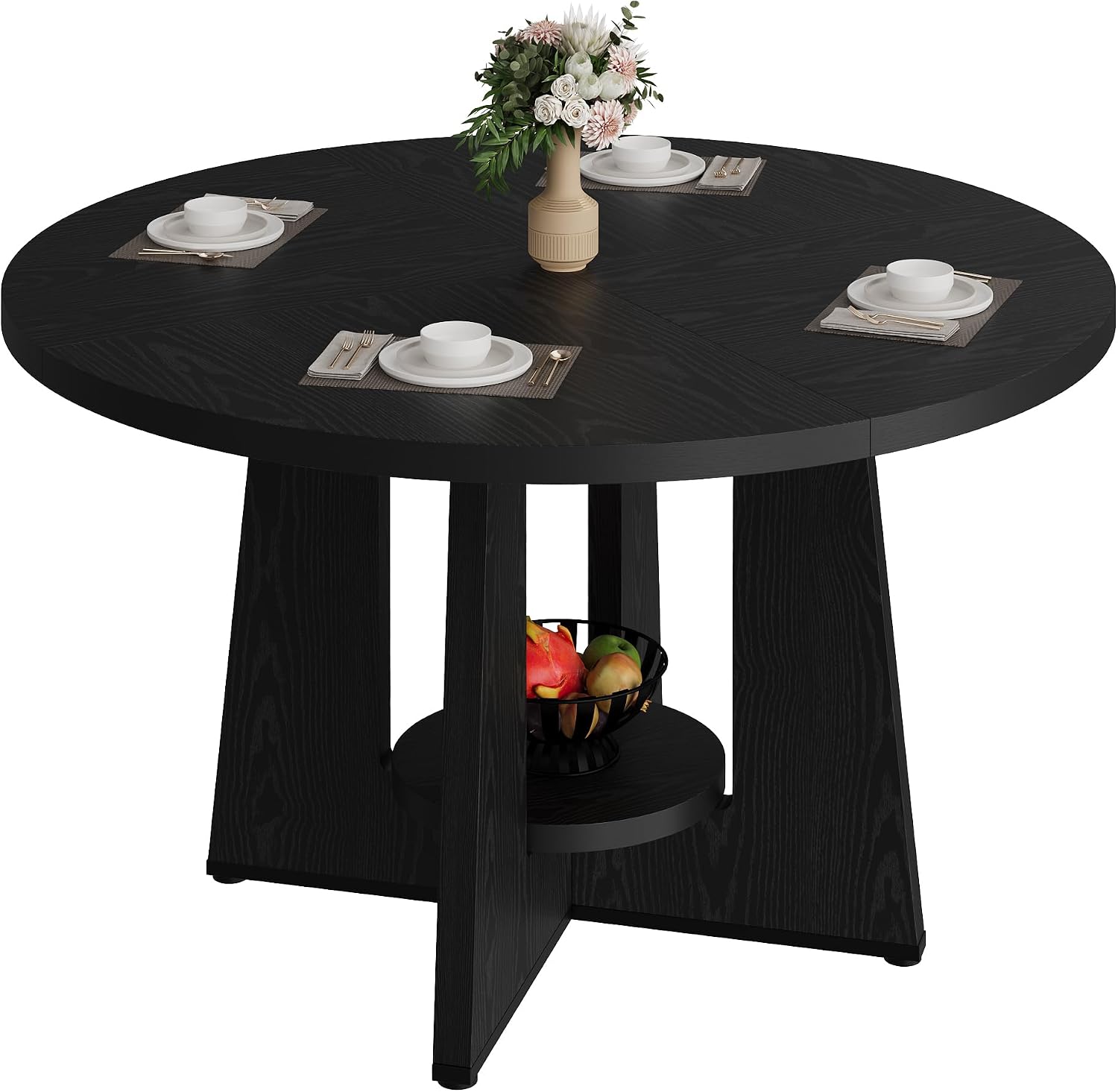 Black Round Dining Table for 4-6, 47 Inch Black Kitchen Table with Storage Shelf & Wood Pedestal Base, Modern Circle Dining Room Table for Small Apartment, Home Office, Living Room