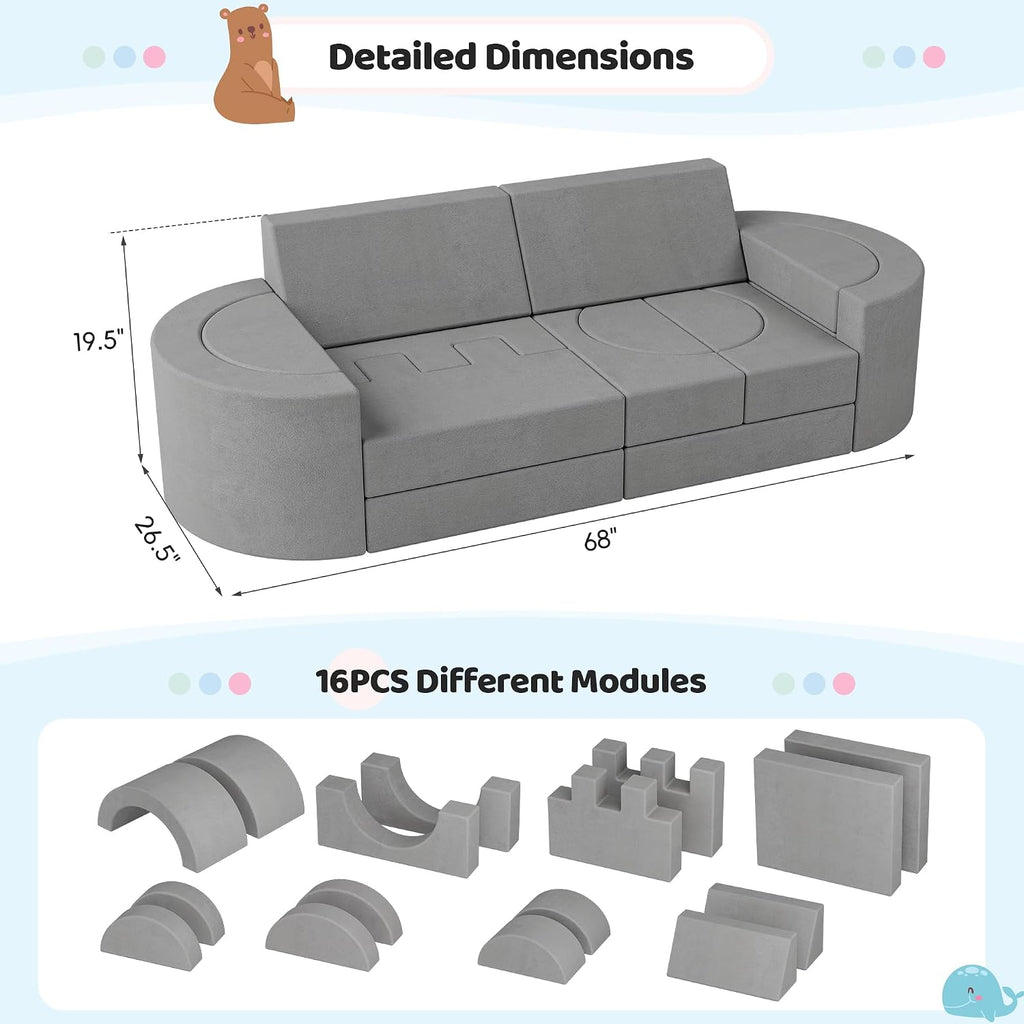 68 Inch Extra Large Modular Kids Play Couch, Toddler Foam Couch, 16Pcs Fort Pillows for Kids, Playroom Decor for Boys and Girls, Grey-Castle Wall