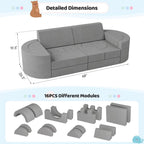 68 Inch Extra Large Modular Kids Play Couch, Toddler Foam Couch, 16Pcs Fort Pillows for Kids, Playroom Decor for Boys and Girls, Grey-Castle Wall