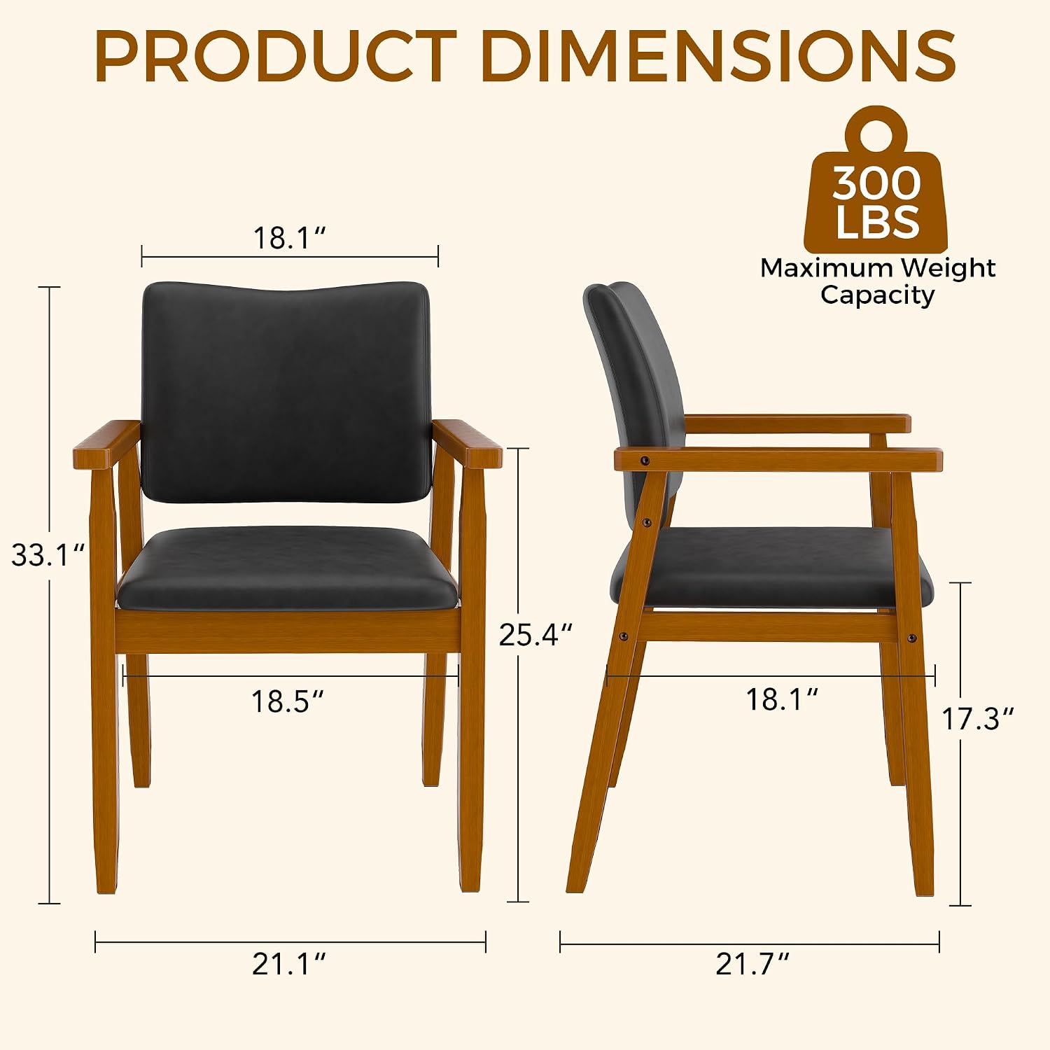 Dining Chairs with Arms Set of 4, Wood Frame Faux Leather Kitchen Chairs, Comfortable Upholstered Accent Chairs for Kitchen, Dining Room,and Living Room(Black)