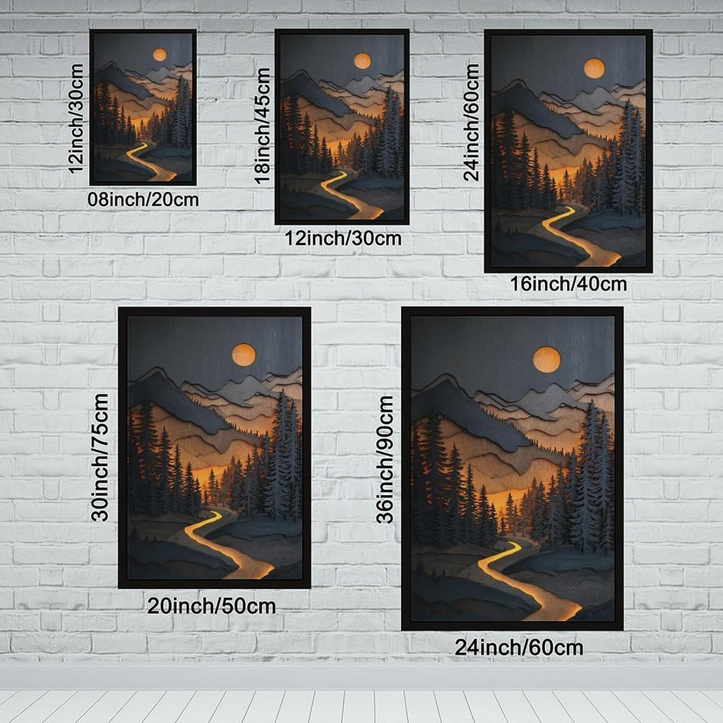 WANXU Sparkling River And Full Moon Layered Mountain Landscape Wall Print, Rustic Forest Scene for Country House Decor Or Themed Interiors Canvas Poster Bedroom Decor Sports Landscape Office Room Deco