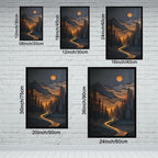 WANXU Sparkling River And Full Moon Layered Mountain Landscape Wall Print, Rustic Forest Scene for Country House Decor Or Themed Interiors Canvas Poster Bedroom Decor Sports Landscape Office Room Deco