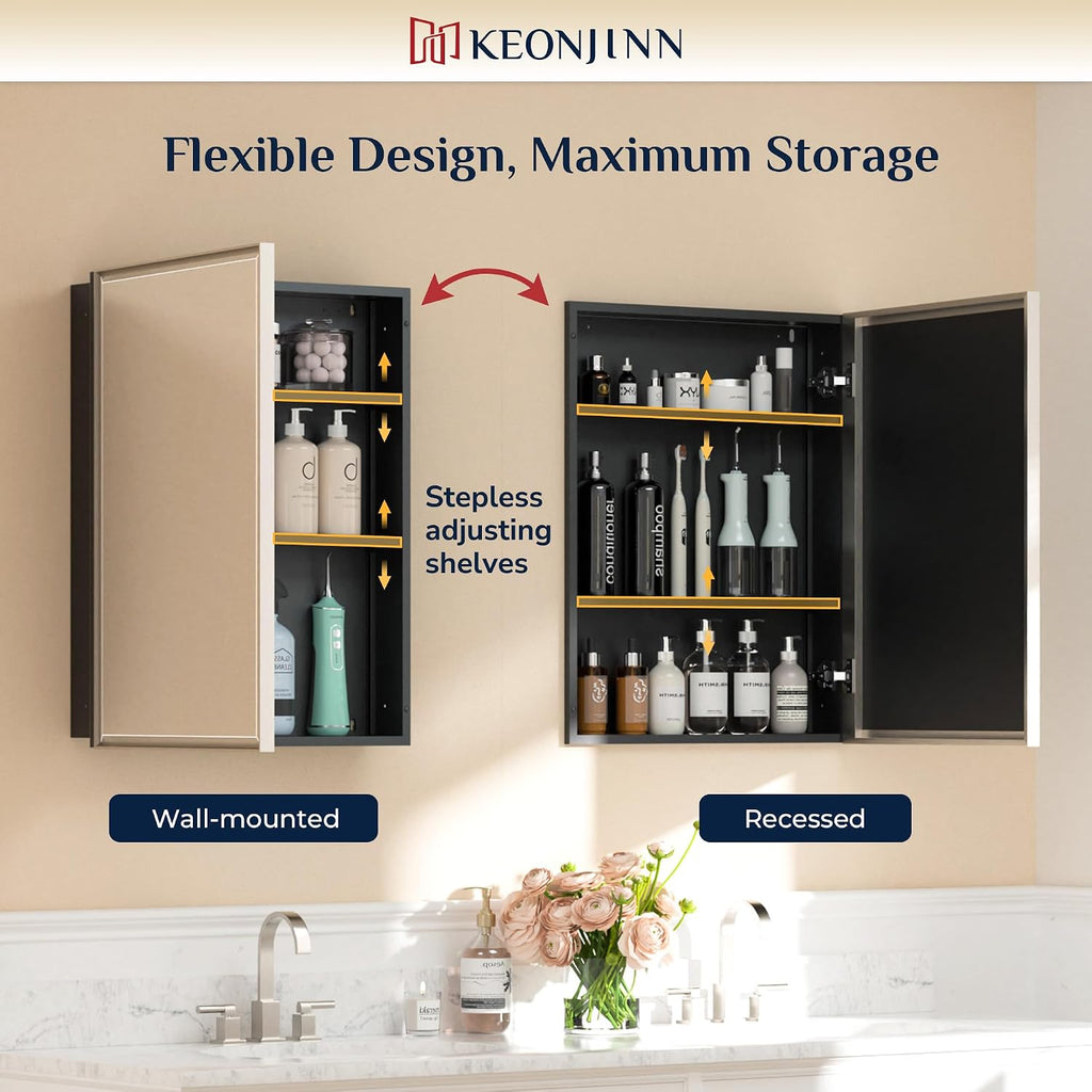 Keonjinn 24" x 30" Medicine Cabinets with Mirror for Bathroom, Brushed Nickel Recessed or Surface Wall-Mounted Aluminum Alloy Framed Beveled Mirror, Farmhouse Bathroom Mirror with Storage Cabinet