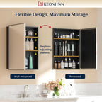Keonjinn 24" x 30" Medicine Cabinets with Mirror for Bathroom, Brushed Nickel Recessed or Surface Wall-Mounted Aluminum Alloy Framed Beveled Mirror, Farmhouse Bathroom Mirror with Storage Cabinet