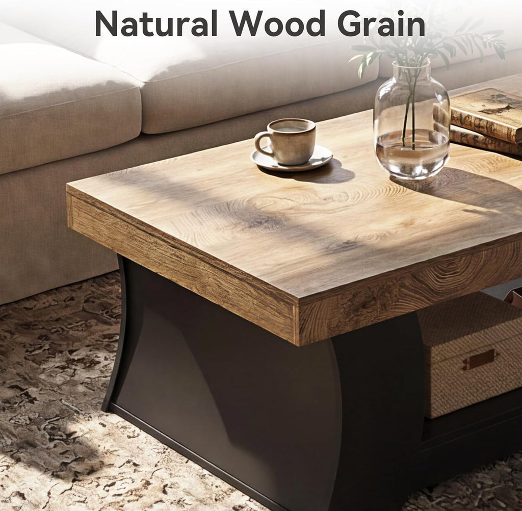 LITTLE TREE 55" Coffee Table, Living Room Table with Storage Shelf, Wooden Coffee Table, Modern Farmhouse Rectangle Center Table for Living Room, Bedroom, Office, Rustic Brown+Black