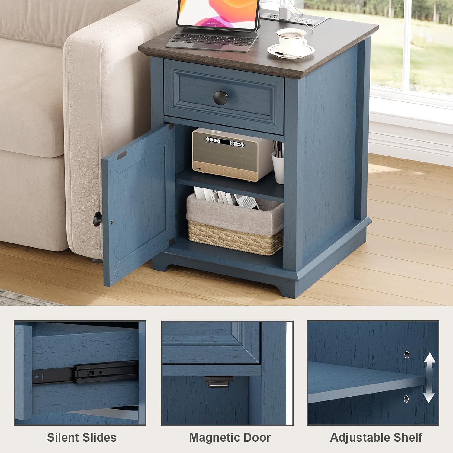 REDAYFUR 24" Tall End Table with Fast Charging Station, Square Side Table with Drawer & Large Storage Cabinet, Vintage Wooden Table for Living Room/Bedroom, Blue