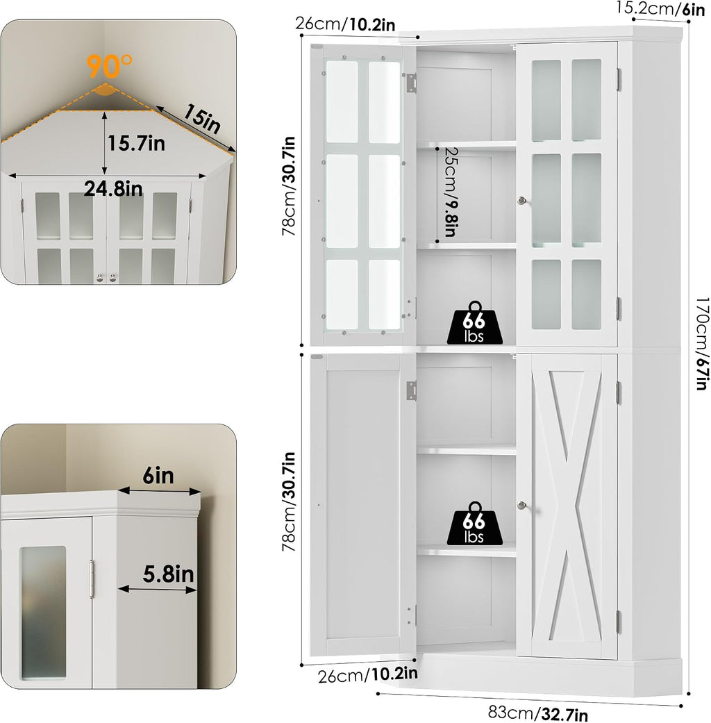 BOTLOG 67" Corner Cabinet, Corner Kitchen Pantry with Doors, Farmhouse Kitchen Cabinet with 6 Storage Shelves, Space Saver for Bathroom, Living Dining Room, White