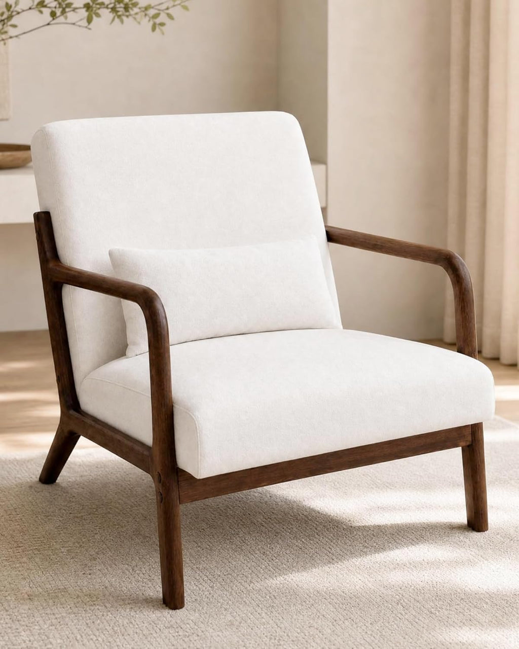 Garvee Mid-Century Chenille Accent Chair, Cozy Reading Chair, Modern Lounge Armchair with Lumbar Pillow, Solid Wood Frame, for Living Room, Bedroom, Office, Beige