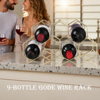 Buruis 9-Bottle Countertop Wine Rack, Honeycomb Metal Wine Holder, Gold | No Assembly Required, Space-Saving Wine Storage, Kitchen Bar Organizer, Red & White Wine Display, Modern Home Decor