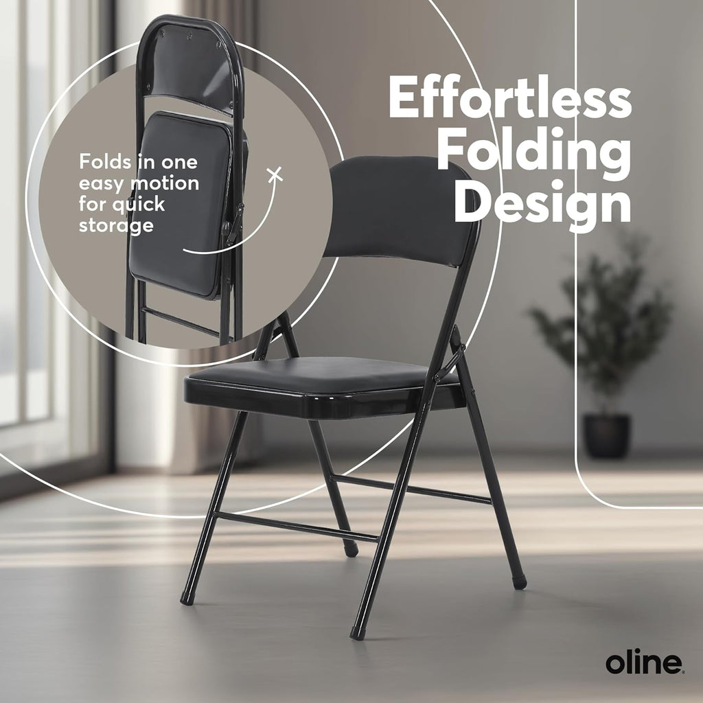 Oline Vinyl Folding Chairs, Padded Vinyl Cushion Chairs with Durable Metal Frame, Indoor Outdoor Stackable Foldable Guest Chairs for Office Wedding Kitchen Dining, 300lb Capacity (Black, 4 Pack)