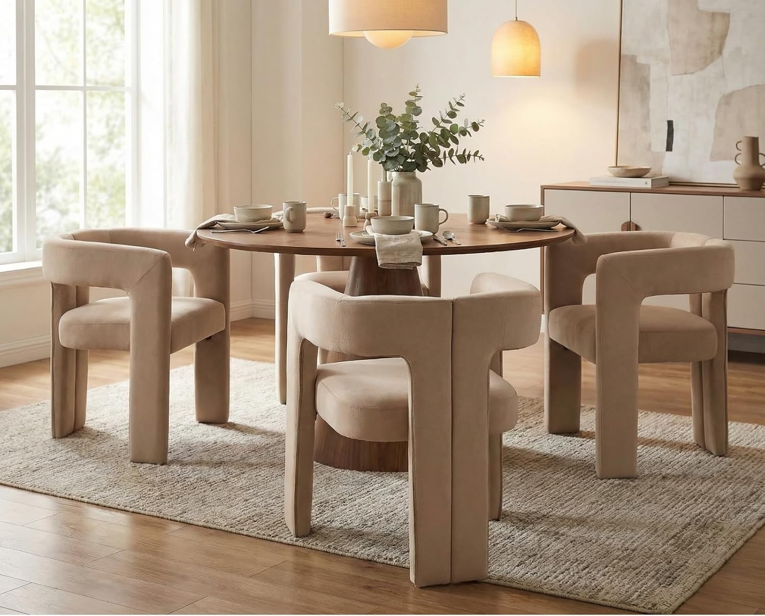 CIMOTA Modern Barrel Dining Chairs Set of 4, Velvet Fabric Upholstered Accent Chairs with Arms/Wood Legs/Open Back, Designer Kitchen Chairs for Living/Reception/Dining Room, Khaki