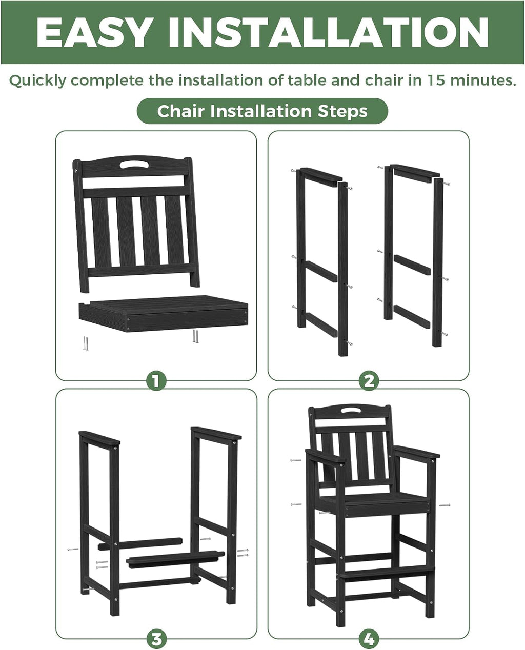 Outdoor Patio Tall Adirondack Bar Chairs Set of 2, All-Weather HDPE Bar Height Adirondack Stools for Balcony, Bistro, Garden, Backyard, Pool, Deck | Black