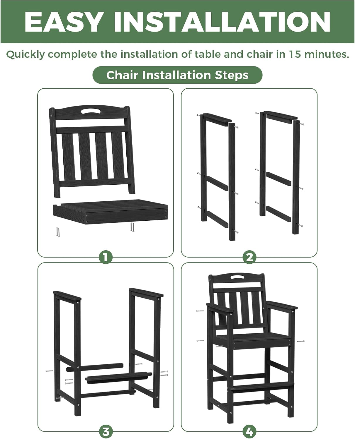Outdoor Patio Tall Adirondack Bar Chairs Set of 2, All-Weather HDPE Bar Height Adirondack Stools for Balcony, Bistro, Garden, Backyard, Pool, Deck | Black