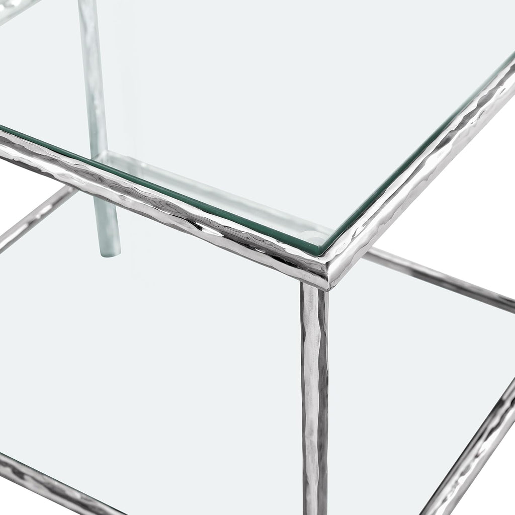 Furniture of America Zayen Glam 24-inch Metal Side Table with Tempered Glass Tabletop and Open Shelf, Hammered Stainless Steel Frame for Bedroom, Living Room, Home Office, Silver