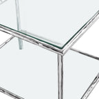 Furniture of America Zayen Glam 24-inch Metal Side Table with Tempered Glass Tabletop and Open Shelf, Hammered Stainless Steel Frame for Bedroom, Living Room, Home Office, Silver